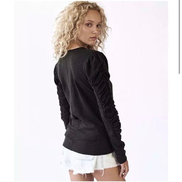 FREE PEOPLE Womens Top Large Black Natasha Ruched Long Sleeve Boho Capsule Basic - Picture 5 of 7